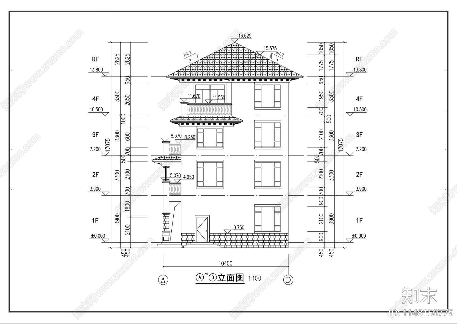 四层欧式别墅建筑cad施工图下载【ID:1148150779】