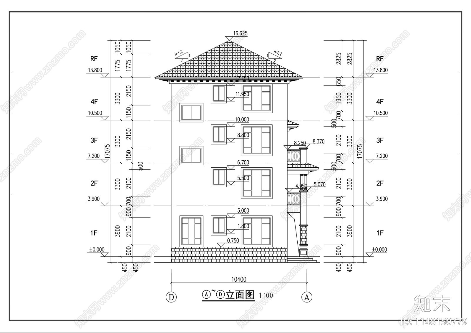 四层欧式别墅建筑cad施工图下载【ID:1148150779】