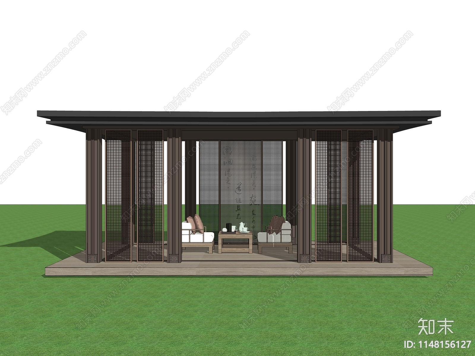 新中式户外休闲廊架SU模型下载【ID:1148156127】