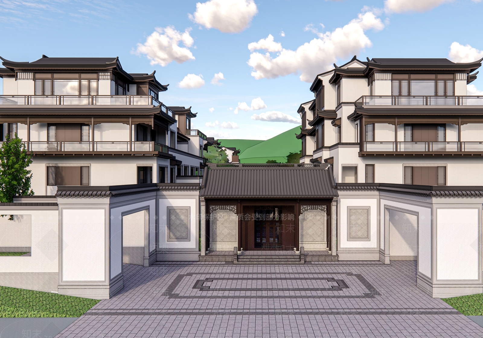 新中式坡屋顶联排别墅SU模型下载【ID:1148156733】