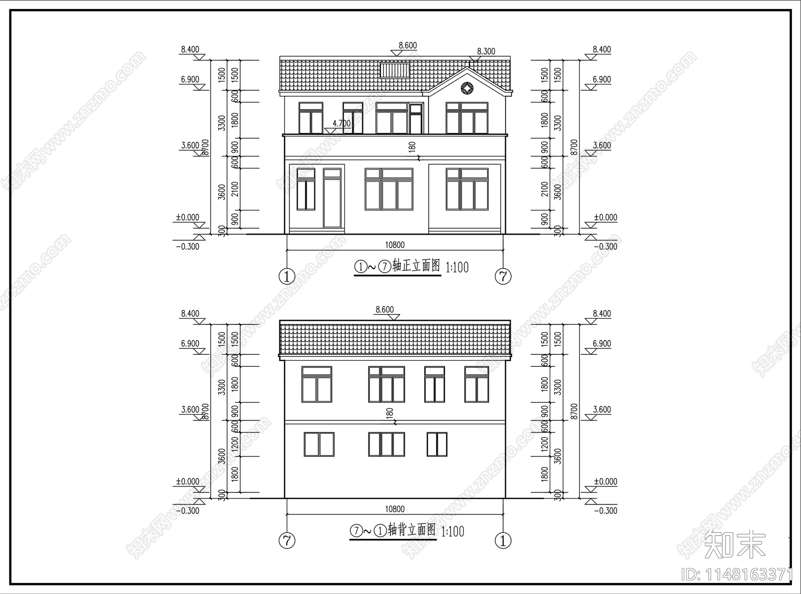 二层中式四合院别墅建筑cad施工图下载【ID:1148163371】