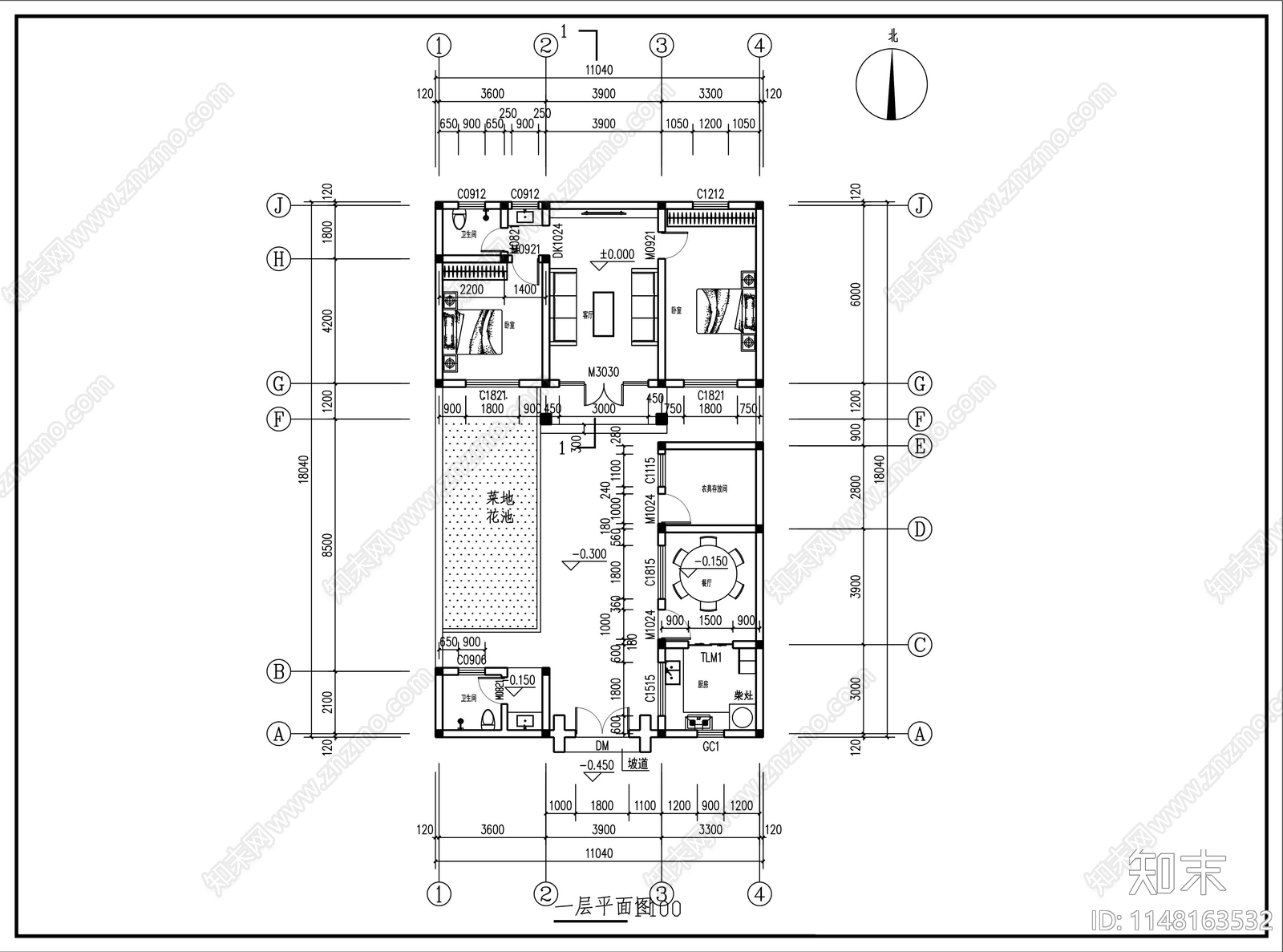 中式仿合院别墅建筑cad施工图下载【ID:1148163532】