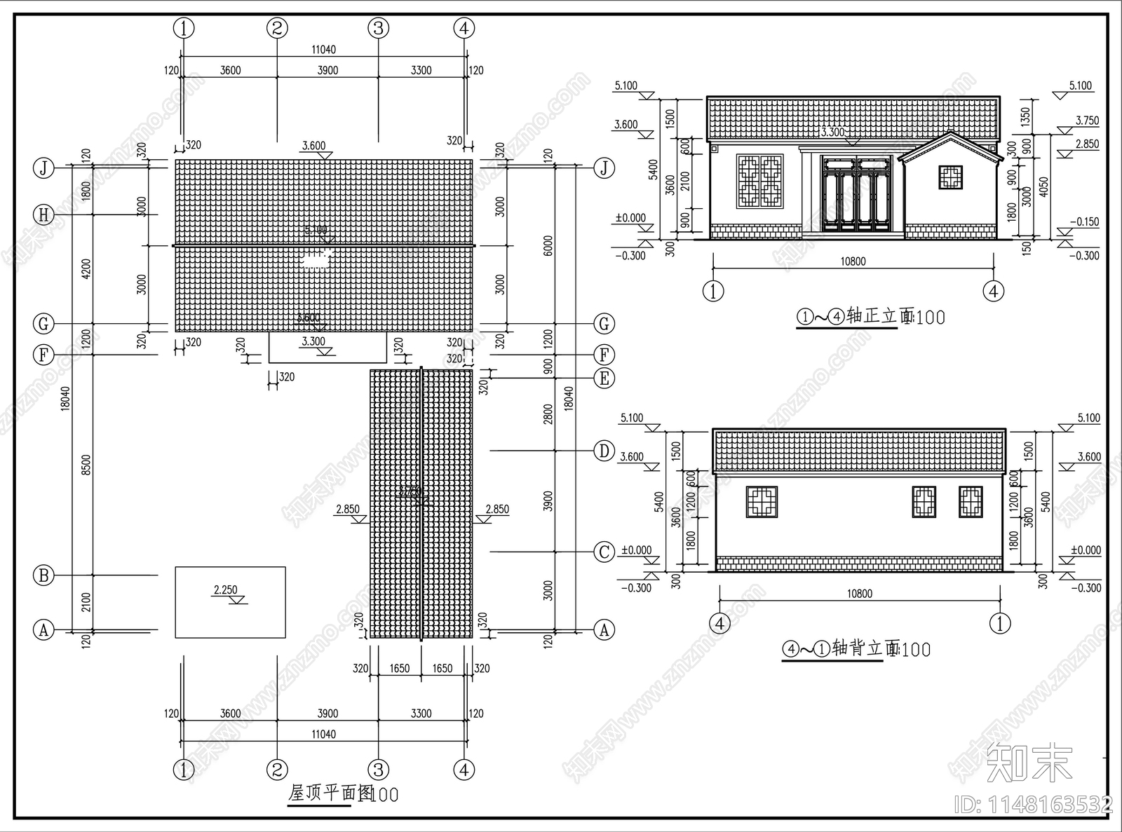 中式仿合院别墅建筑cad施工图下载【ID:1148163532】