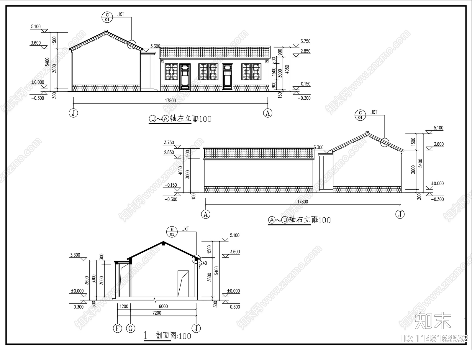 中式仿合院别墅建筑cad施工图下载【ID:1148163532】
