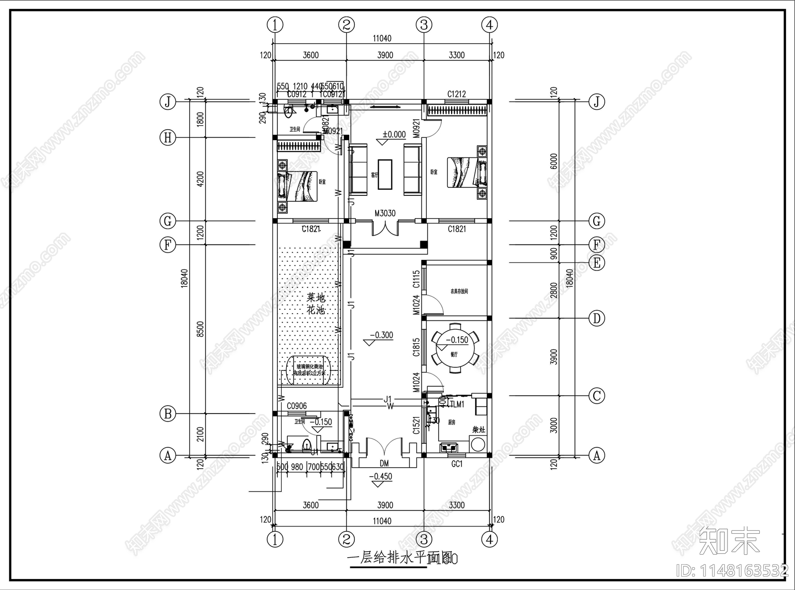 中式仿合院别墅建筑cad施工图下载【ID:1148163532】