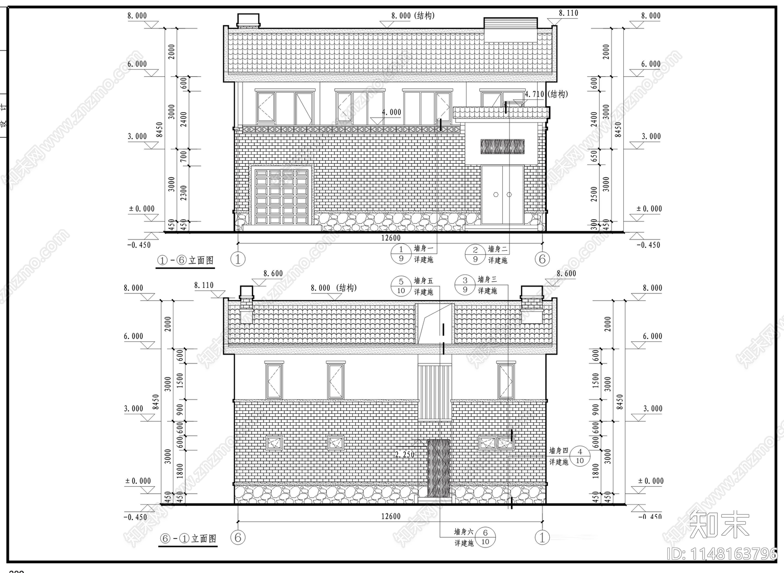 二层中式乡村自建房别墅cad施工图下载【ID:1148163796】
