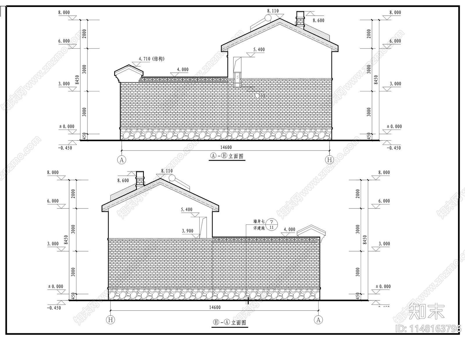 二层中式乡村自建房别墅cad施工图下载【ID:1148163796】