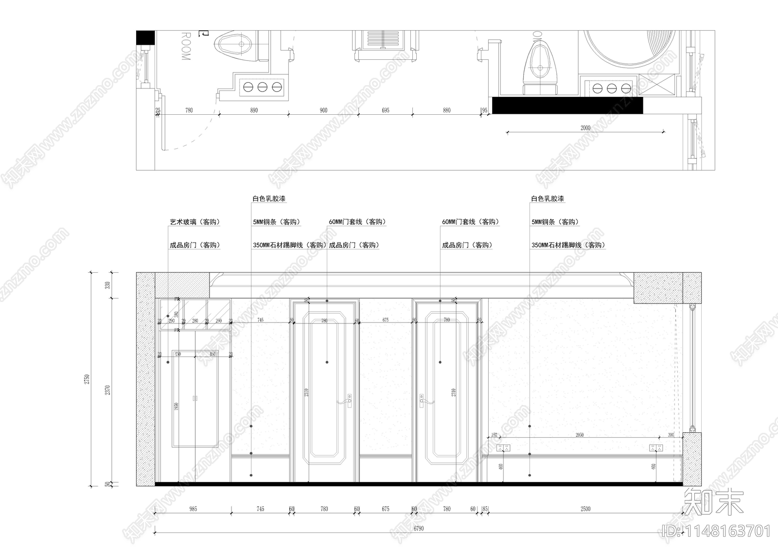 89㎡两室一厅公寓室内cad施工图下载【ID:1148163701】