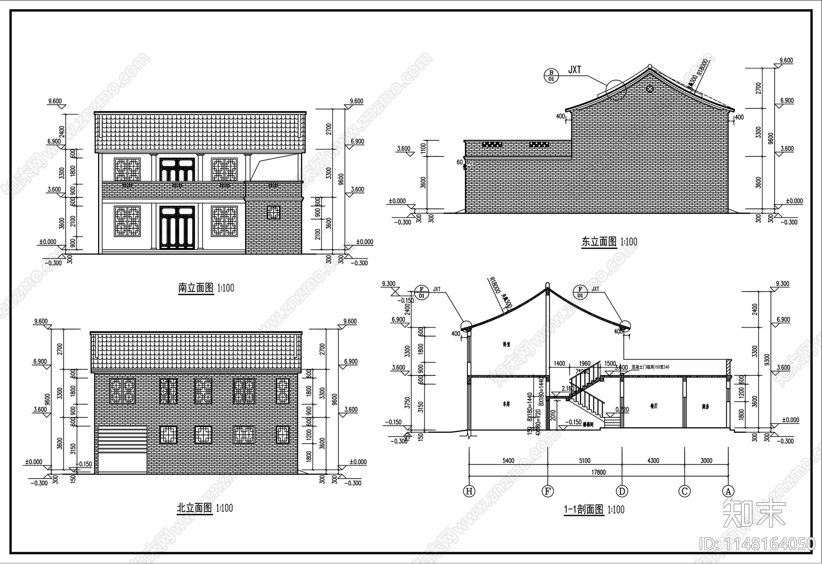 中式仿四合院别墅建筑cad施工图下载【ID:1148164050】