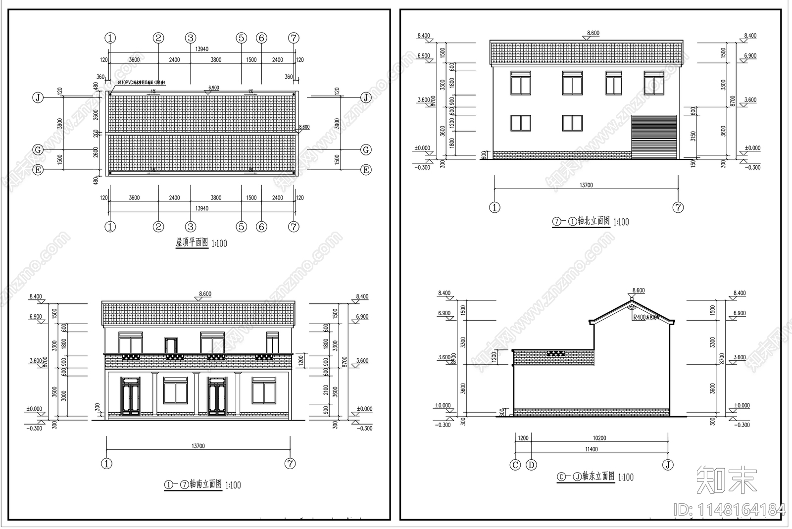 二层中式四合院别墅建筑cad施工图下载【ID:1148164184】