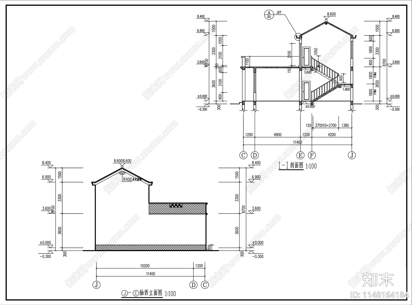 二层中式四合院别墅建筑cad施工图下载【ID:1148164184】