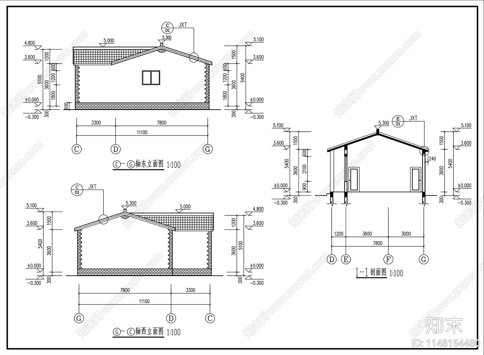 一层中式仿四合院别墅建筑施工图下载【ID:1148164480】