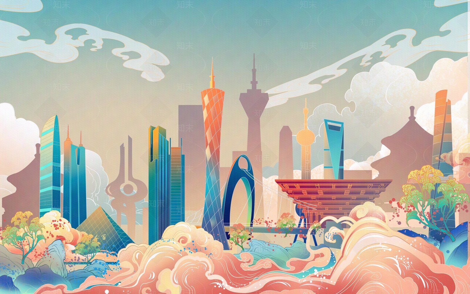 中式国潮插画风建筑贴图下载【ID:1148174232】