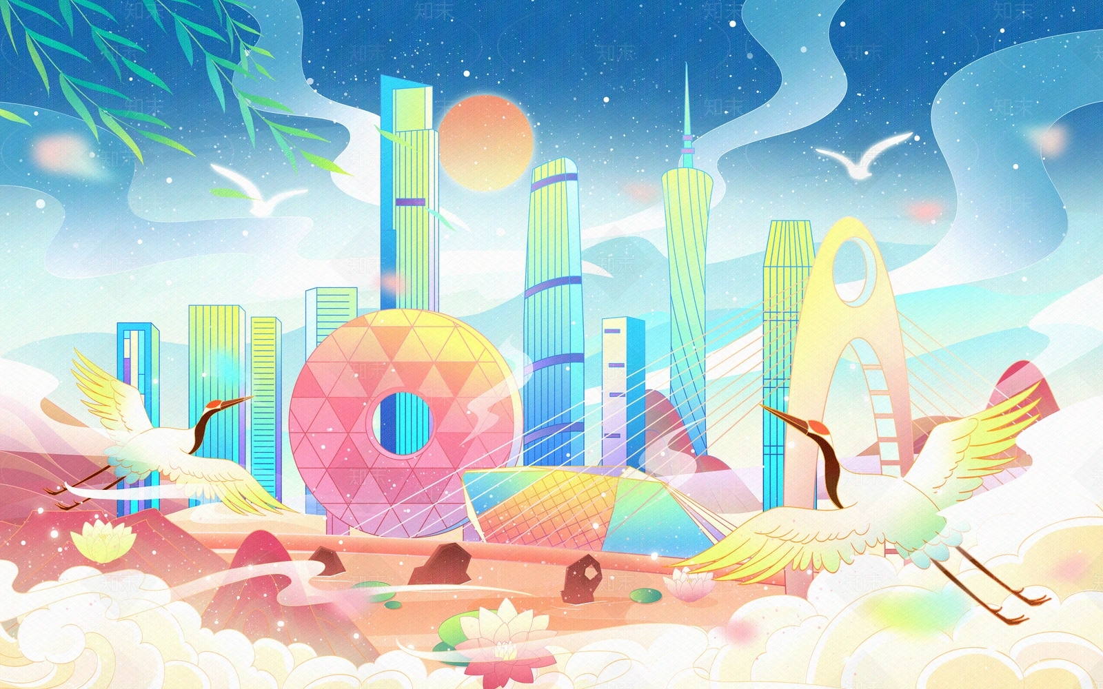 中式国潮插画风建筑贴图下载【ID:1148174247】