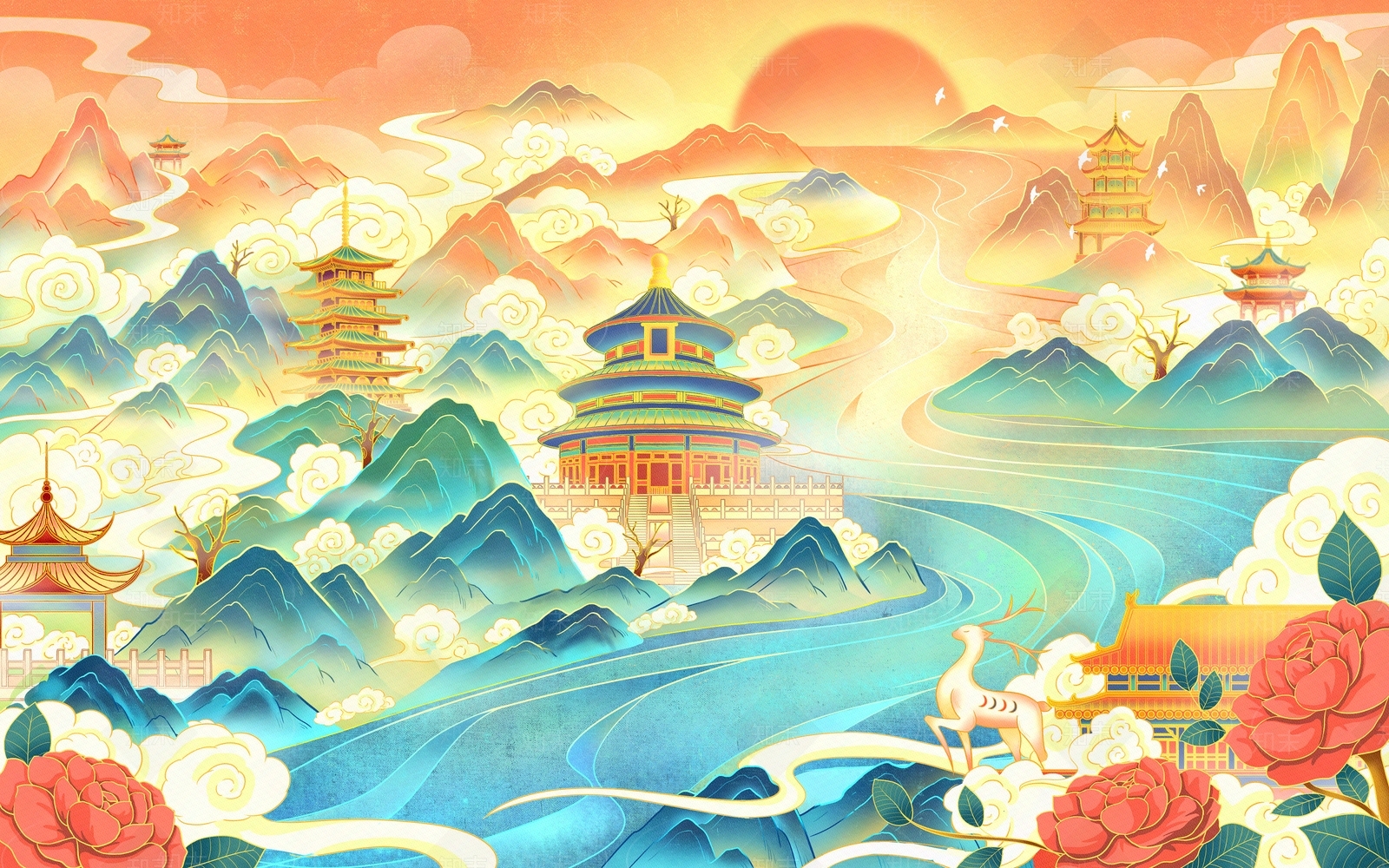 中式国潮插画风建筑贴图下载【ID:1148174300】