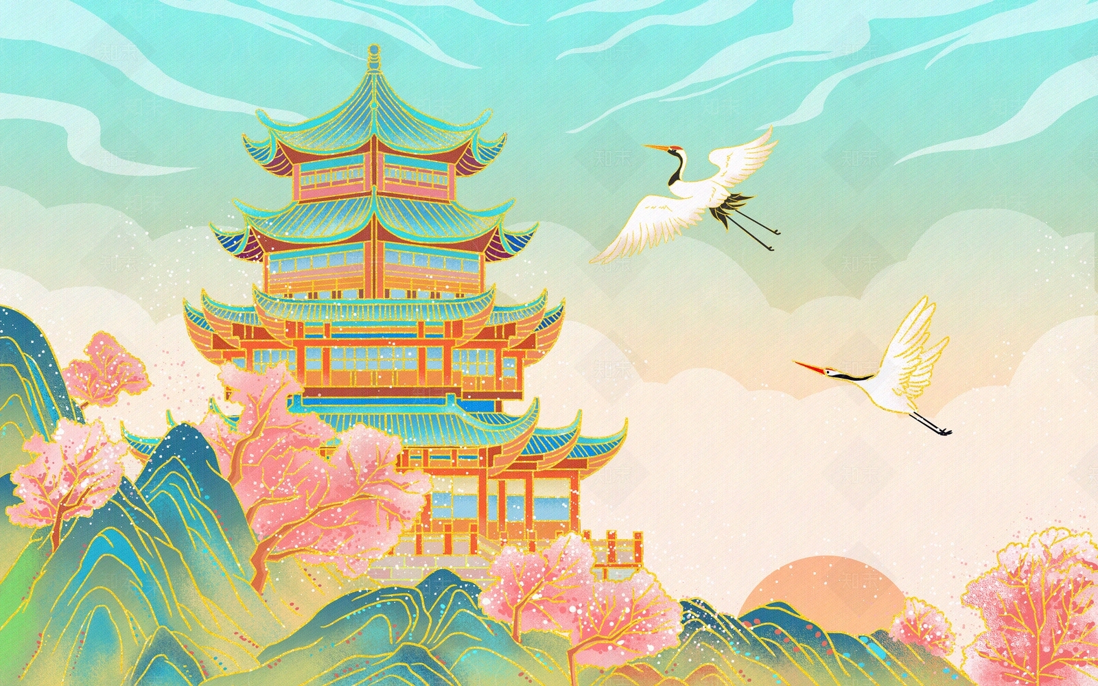 中式国潮插画风建筑贴图下载【ID:1148174352】