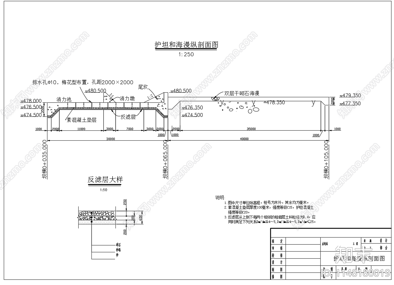 护坦海曼平面剖面节点cad施工图下载【ID:1148180019】