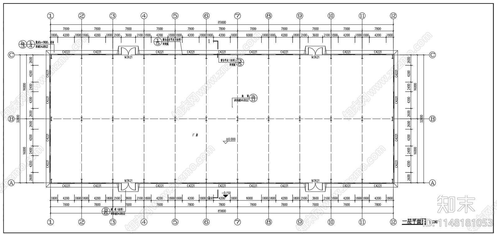单层双跨门式刚架厂房车间建筑cad施工图下载【ID:1148181053】