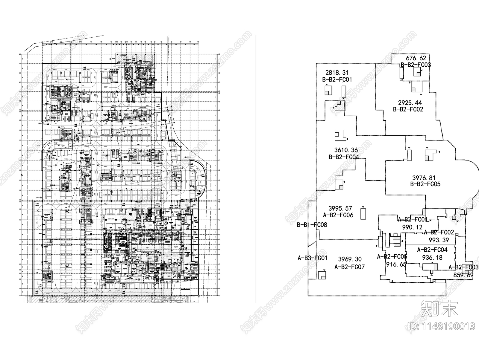 商务办公地下车库带消防分区建筑平面图施工图下载【ID:1148190013】