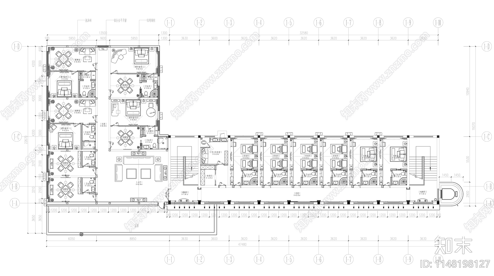 商务宾馆平面施工图下载【ID:1148198127】