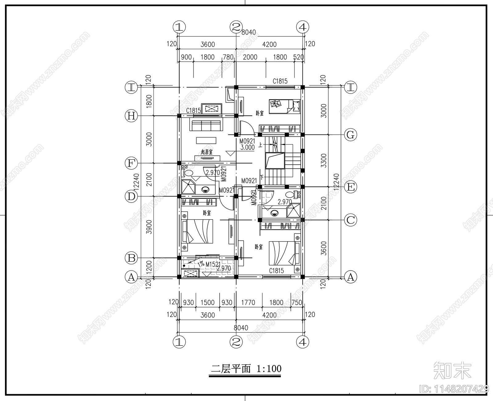 乡村新中式三层联排别墅cad施工图下载【ID:1148207429】