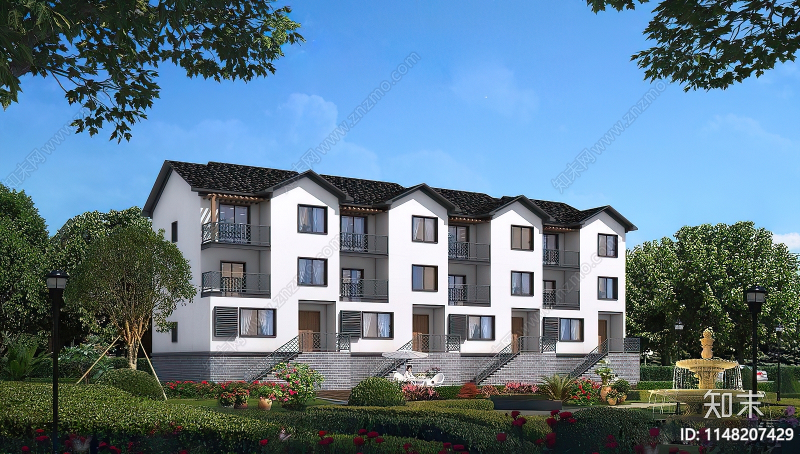 乡村新中式三层联排别墅施工图下载【ID:1148207429】