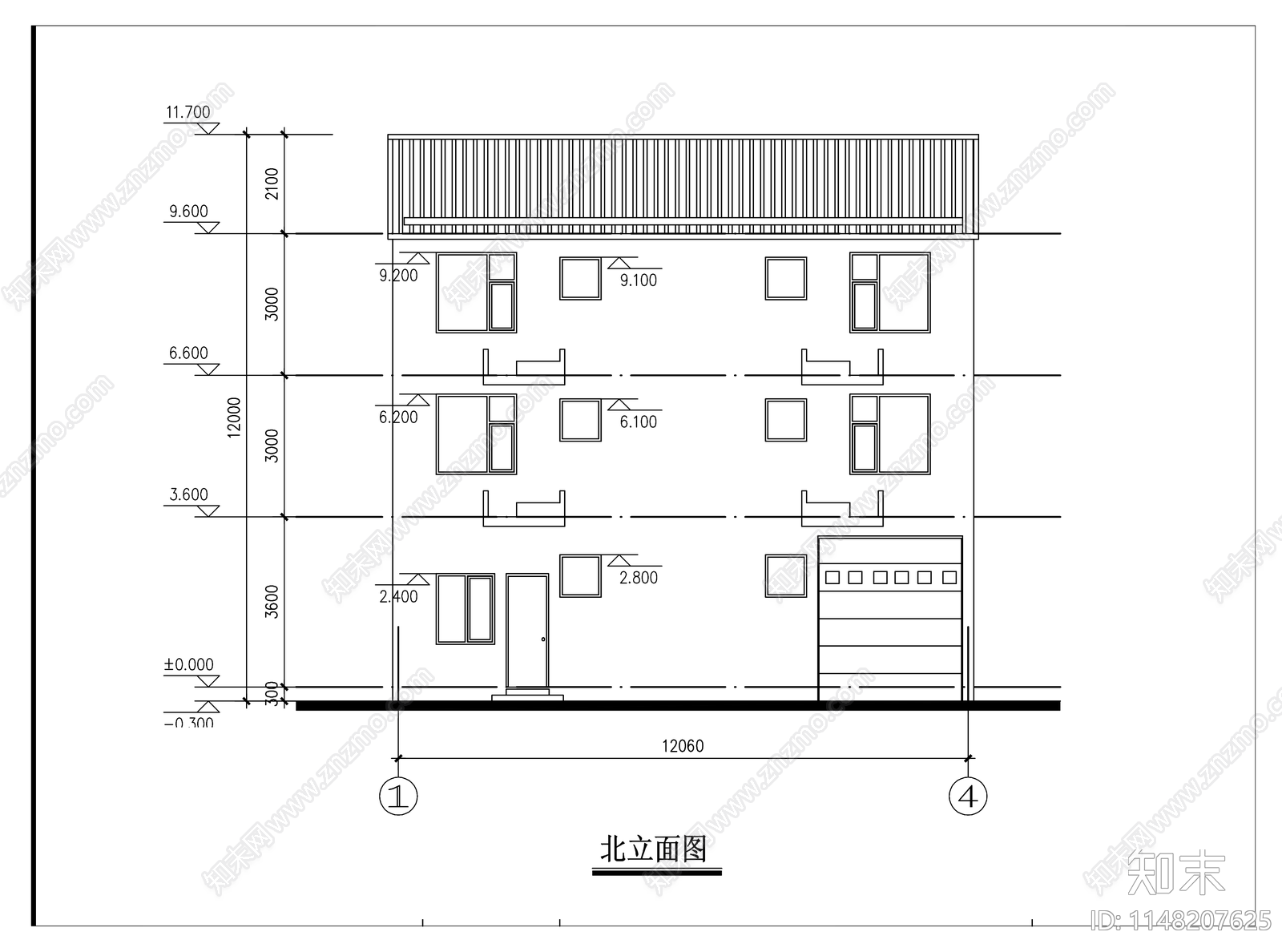 乡村新中式三层联排别墅cad施工图下载【ID:1148207625】