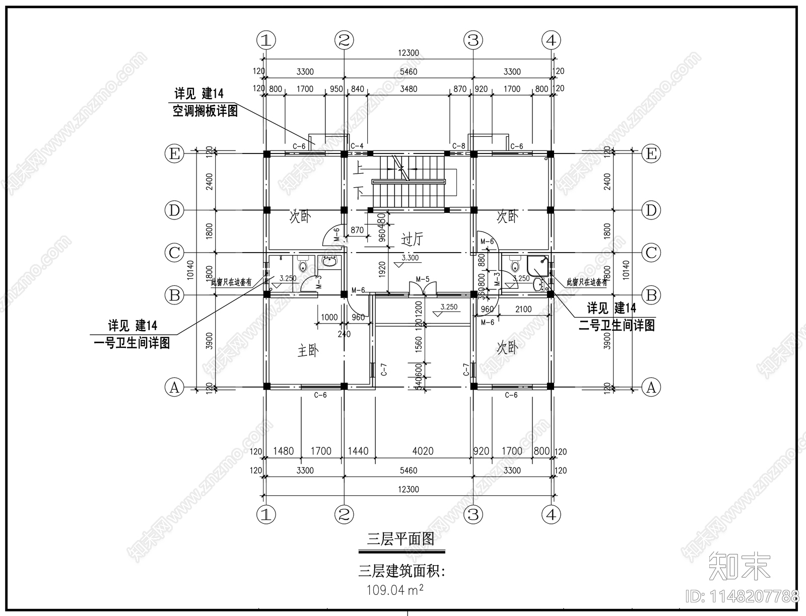 三层乡村新中式别墅cad施工图下载【ID:1148207788】