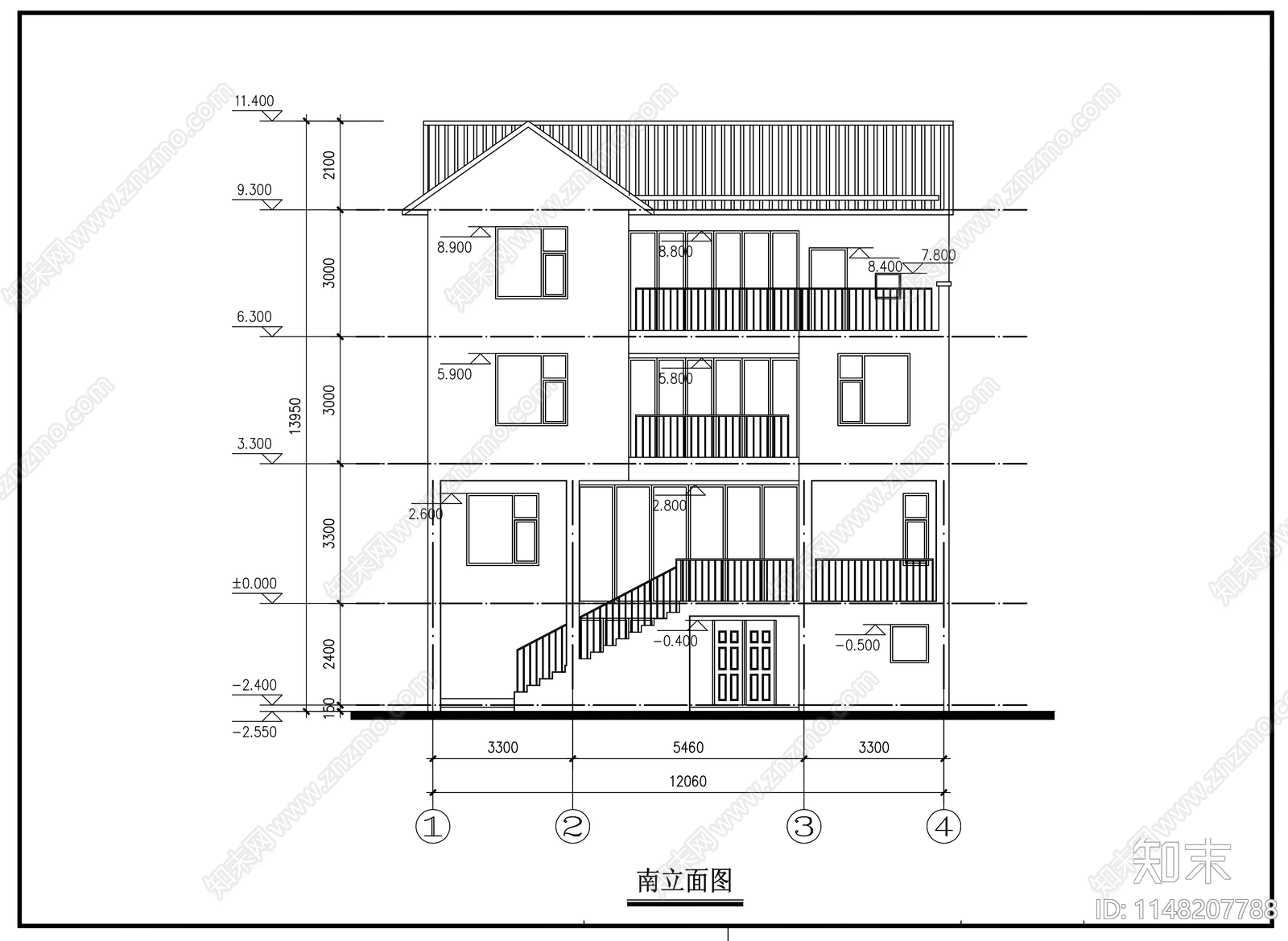 三层乡村新中式别墅cad施工图下载【ID:1148207788】