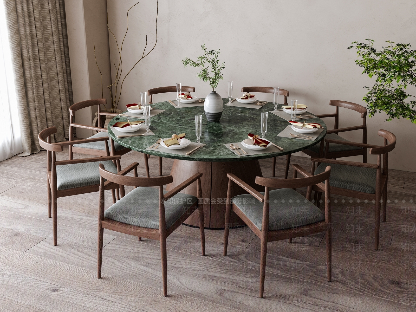 新中式圆形餐桌椅组合3D模型下载【ID:1148208694】