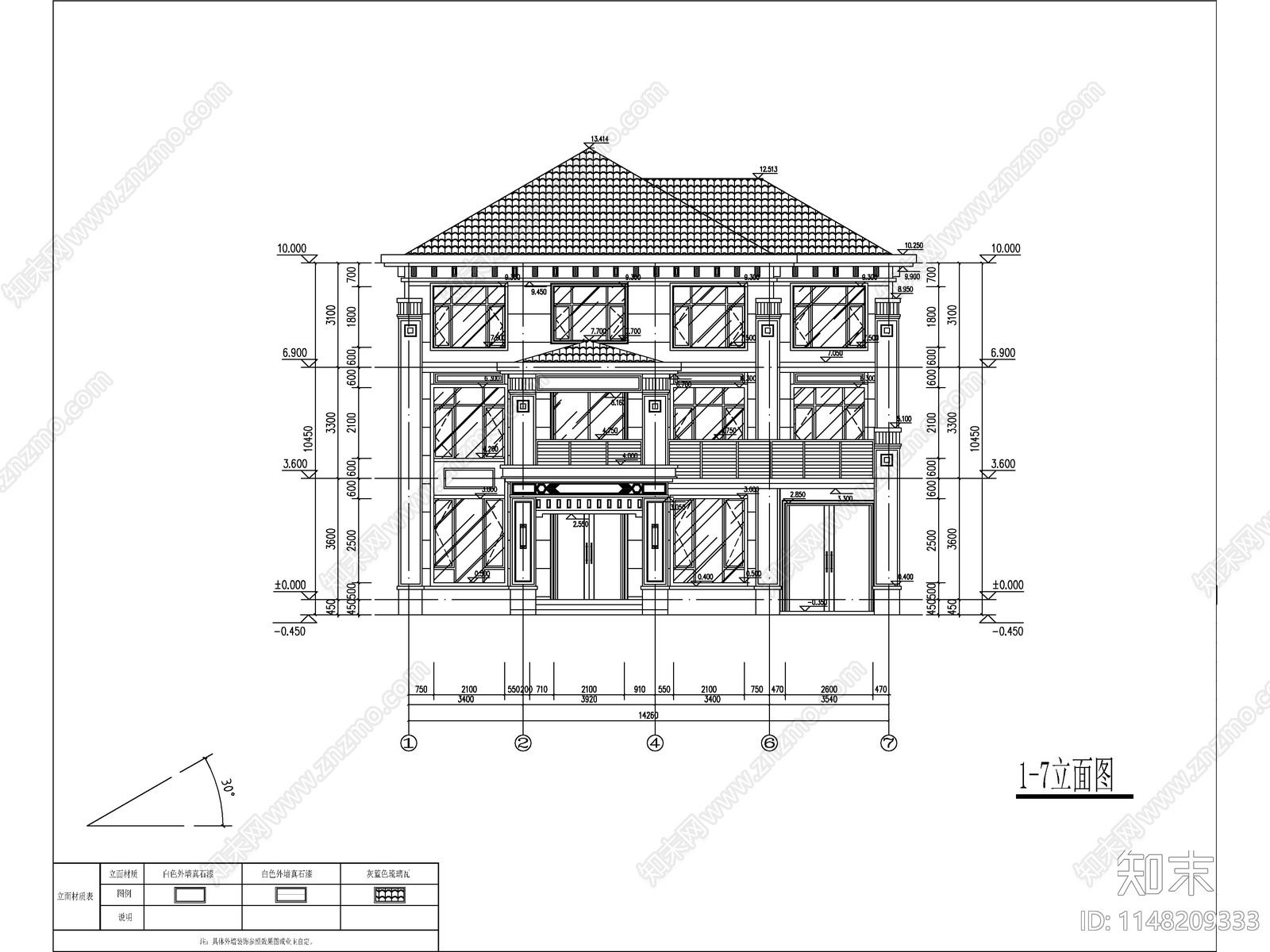 新中式三层独栋别墅建筑cad施工图下载【ID:1148209333】