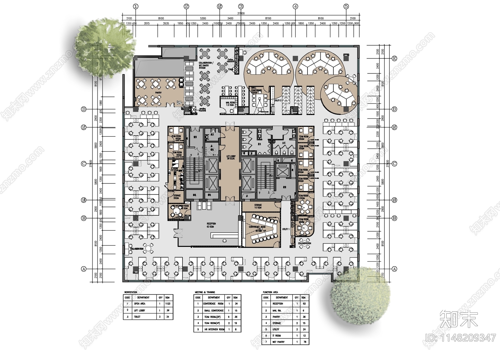 1400㎡办公室室内cad施工图下载【ID:1148209347】