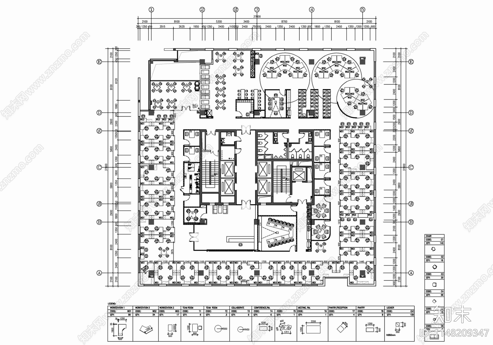 1400㎡办公室室内cad施工图下载【ID:1148209347】