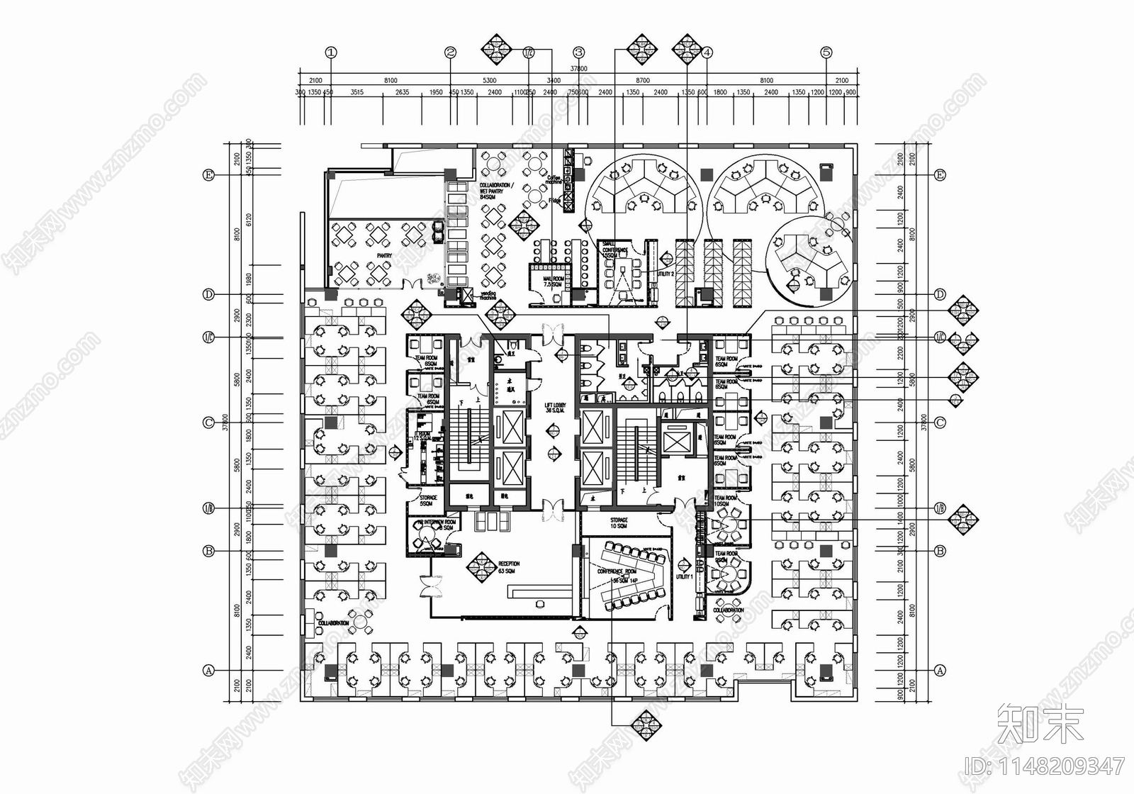 1400㎡办公室室内cad施工图下载【ID:1148209347】