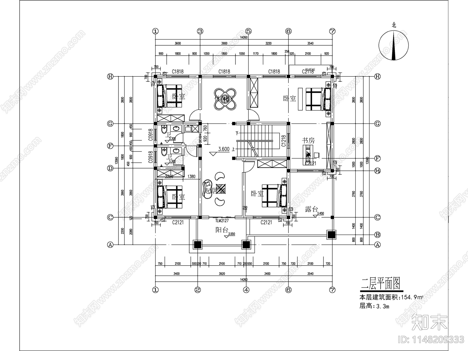 新中式三层独栋别墅建筑cad施工图下载【ID:1148209333】