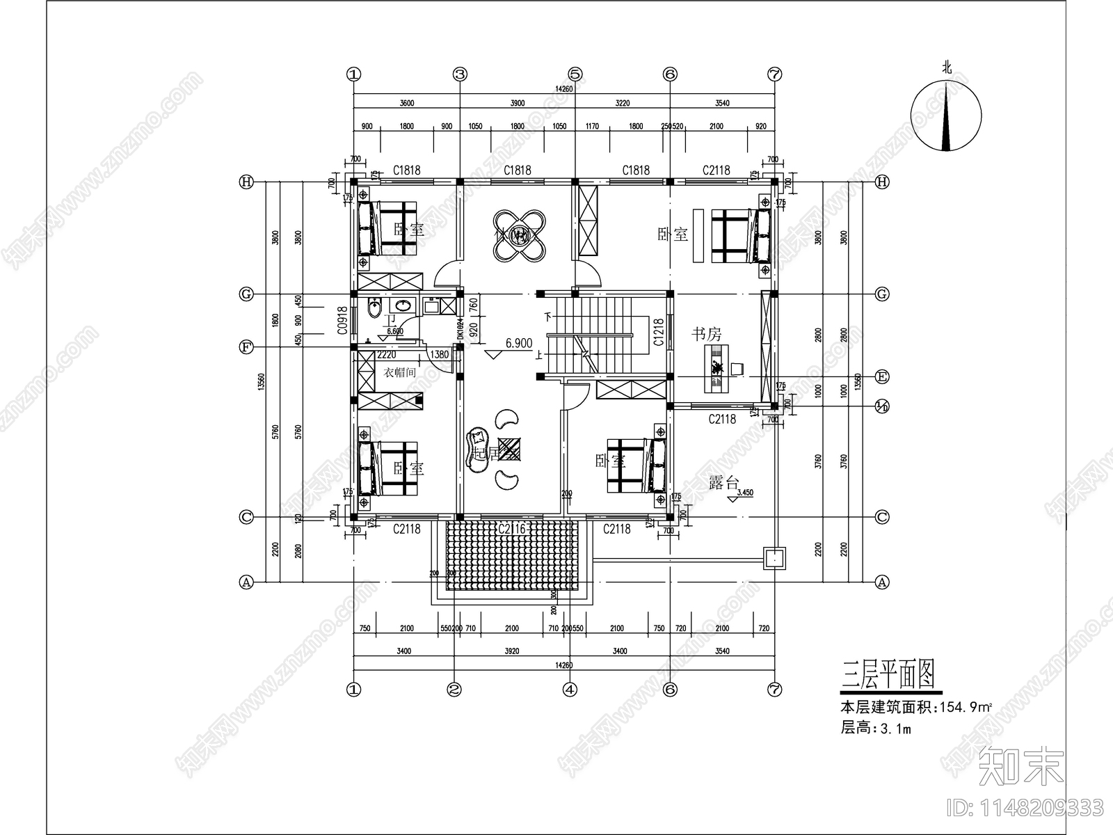 新中式三层独栋别墅建筑cad施工图下载【ID:1148209333】