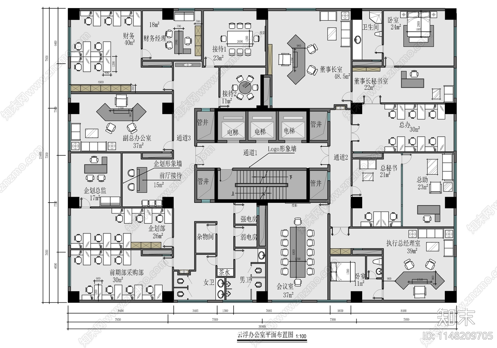 800㎡办公室室内施工图下载【ID:1148209705】