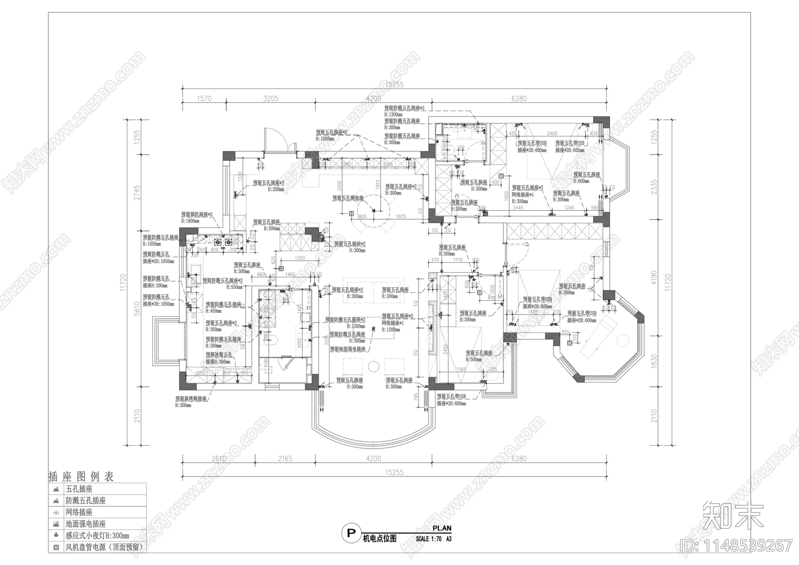 130㎡三房两厅两卫平层室内cad施工图下载【ID:1148539267】