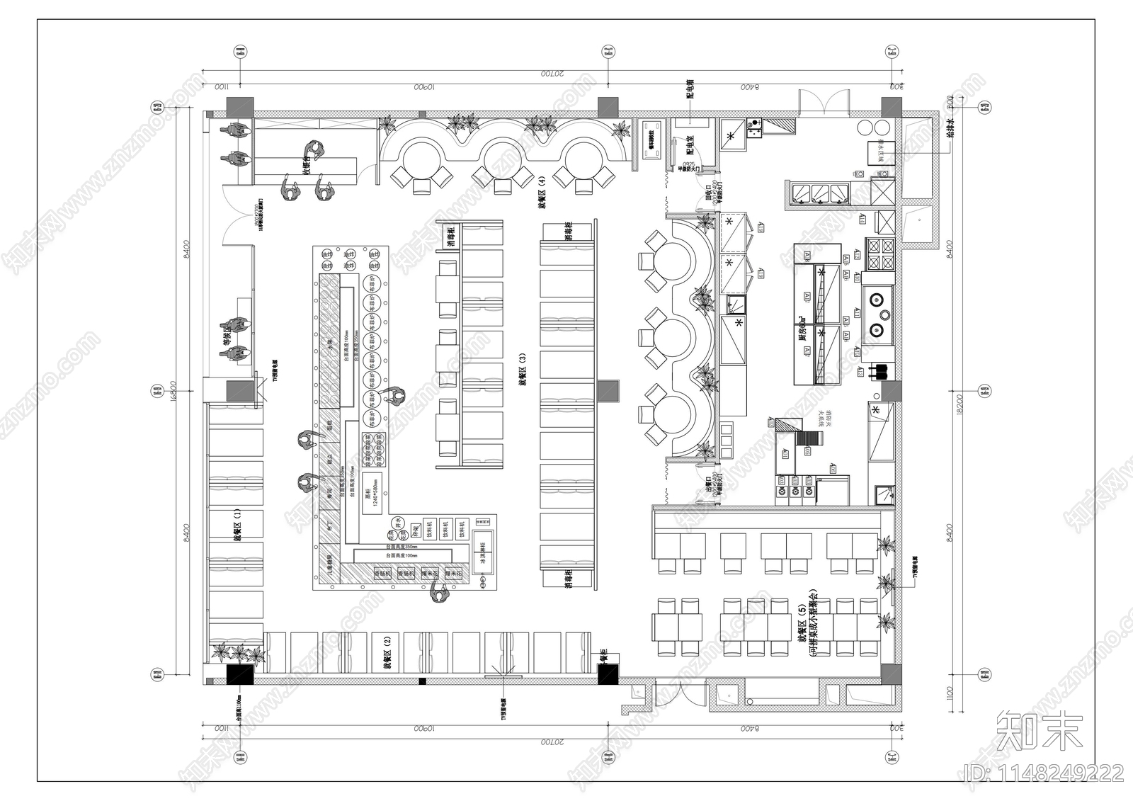 现代自助餐厅平面图施工图下载【ID:1148249222】