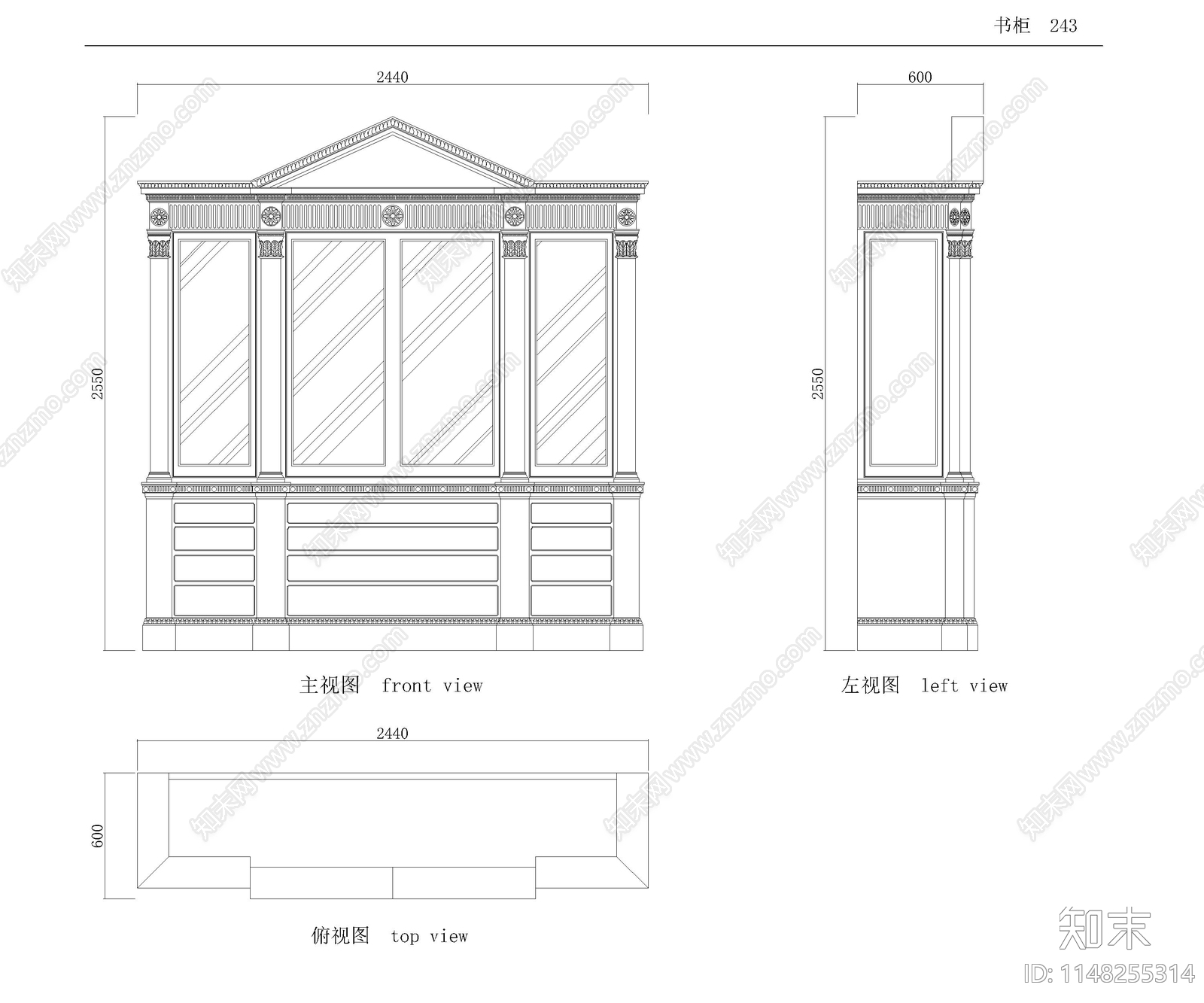 欧式三视图家具cad施工图下载【ID:1148255314】