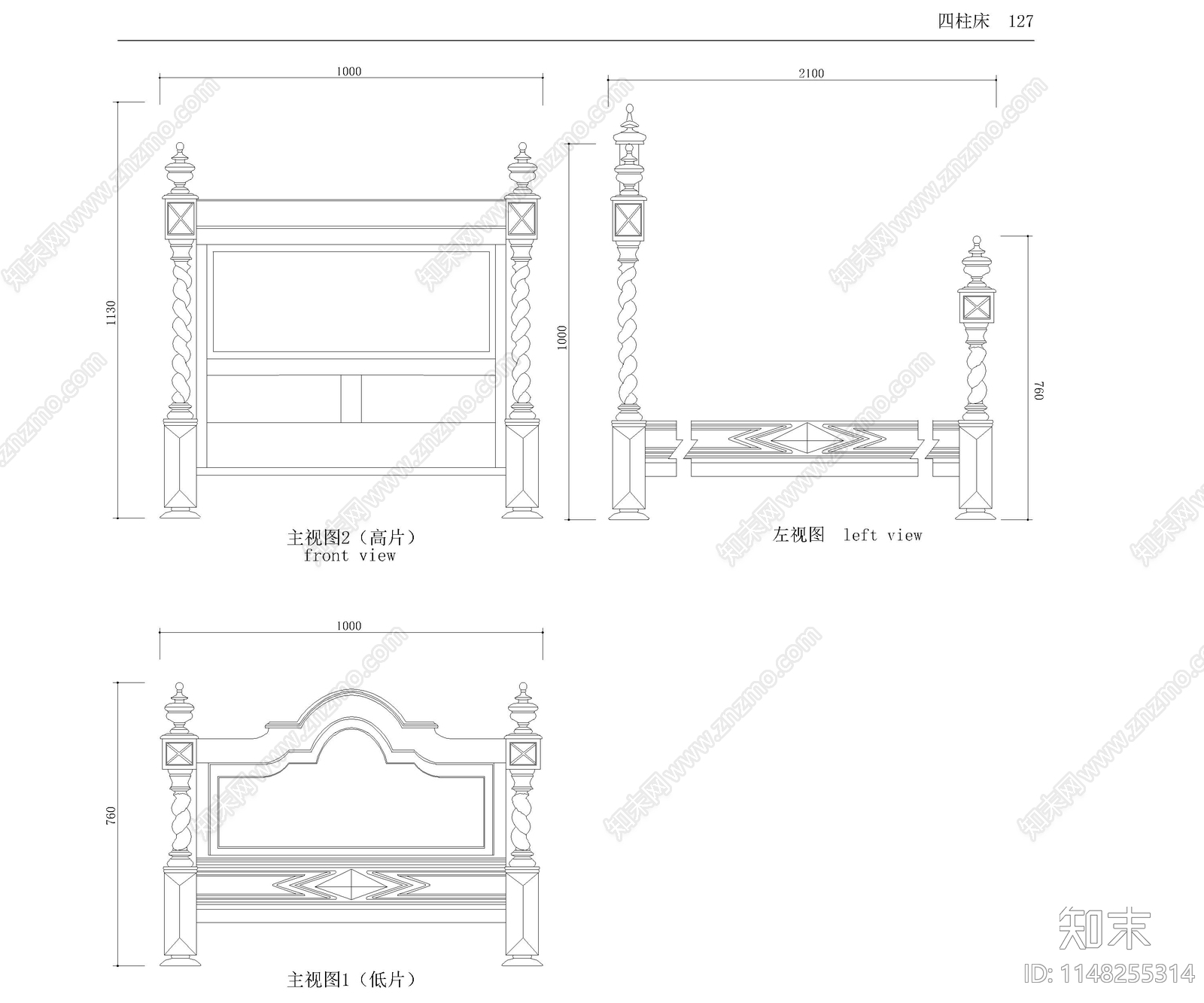 欧式三视图家具cad施工图下载【ID:1148255314】