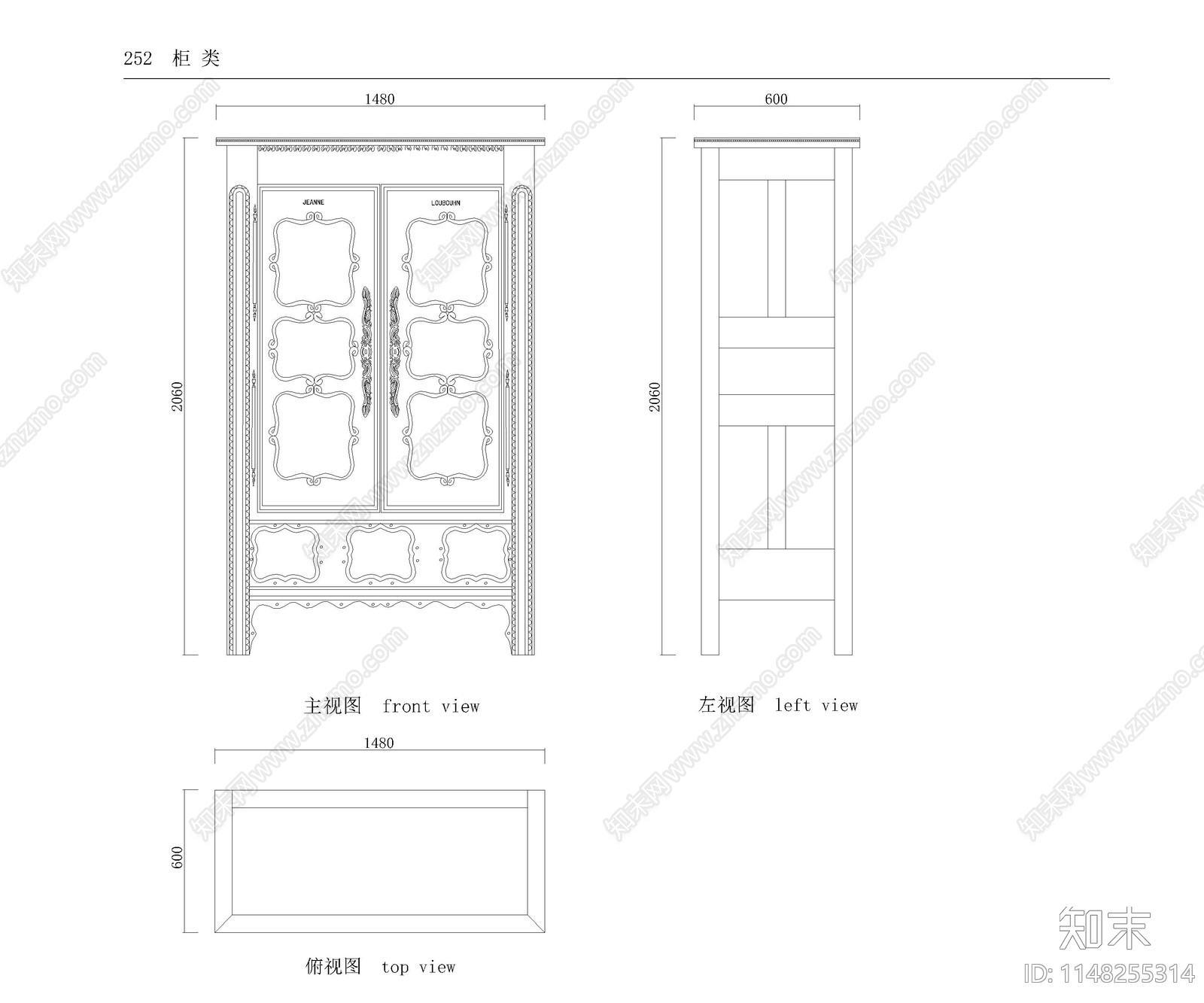 欧式三视图家具cad施工图下载【ID:1148255314】