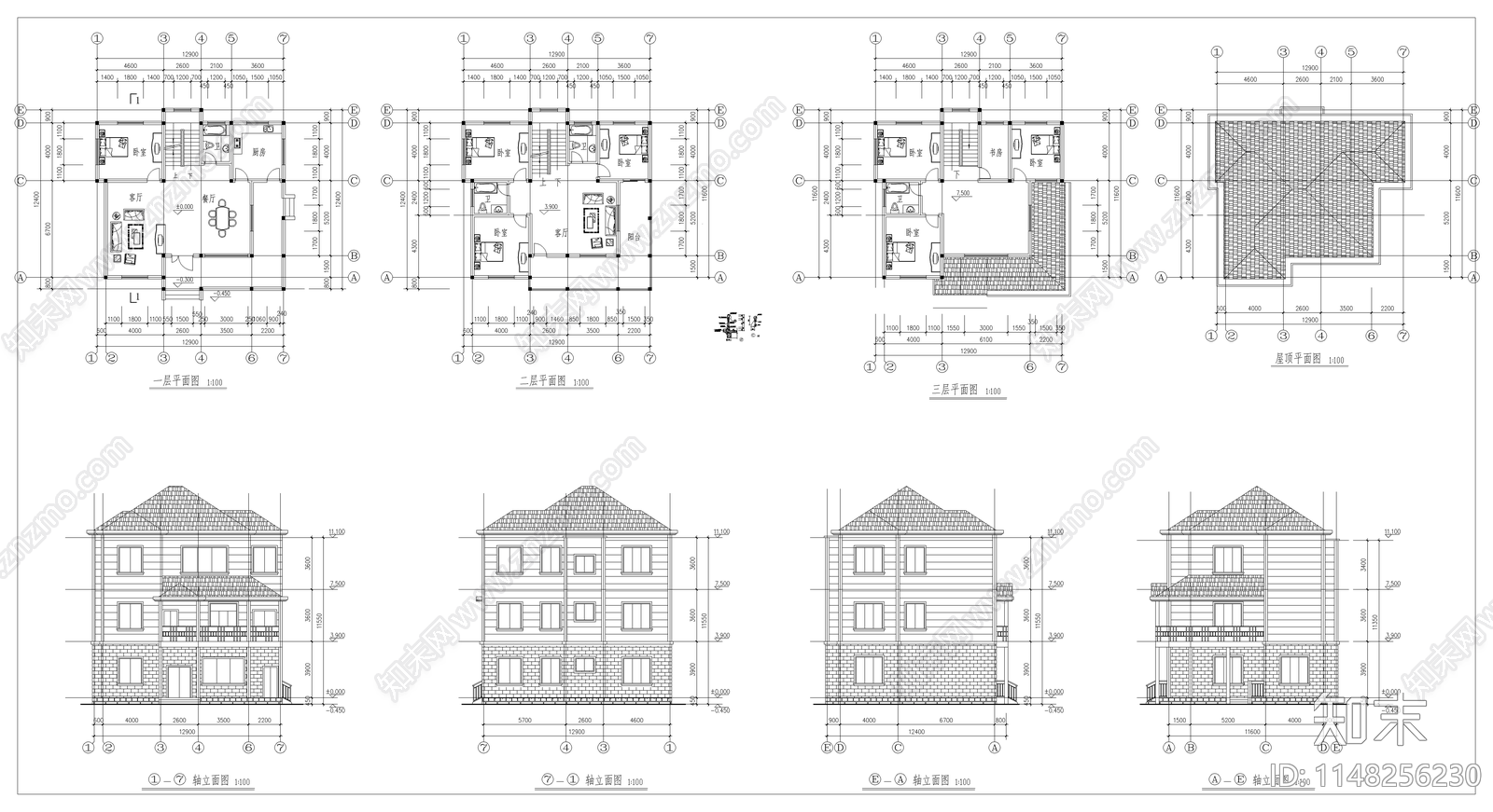 农村三层住宅楼建筑cad施工图下载【ID:1148256230】