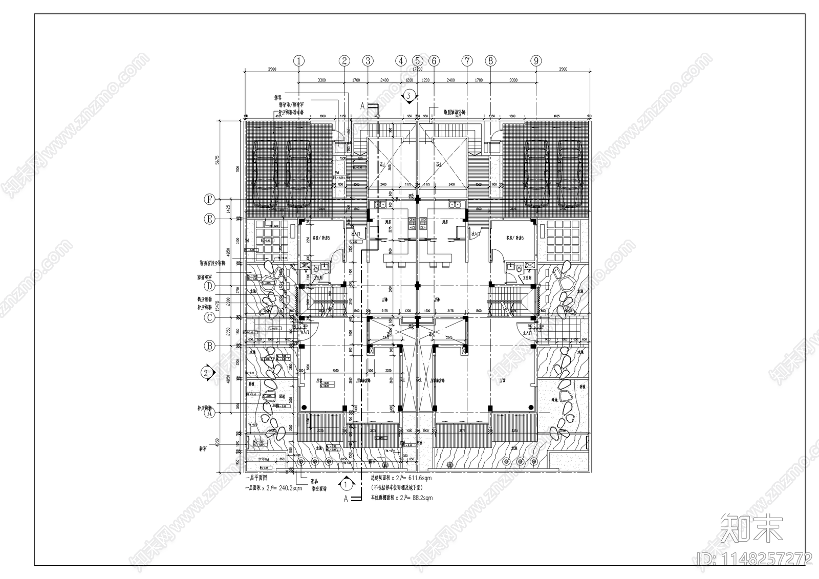 双拼豪华别墅建筑cad施工图下载【ID:1148257272】