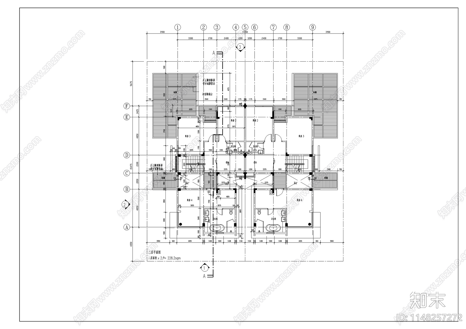 双拼豪华别墅建筑cad施工图下载【ID:1148257272】