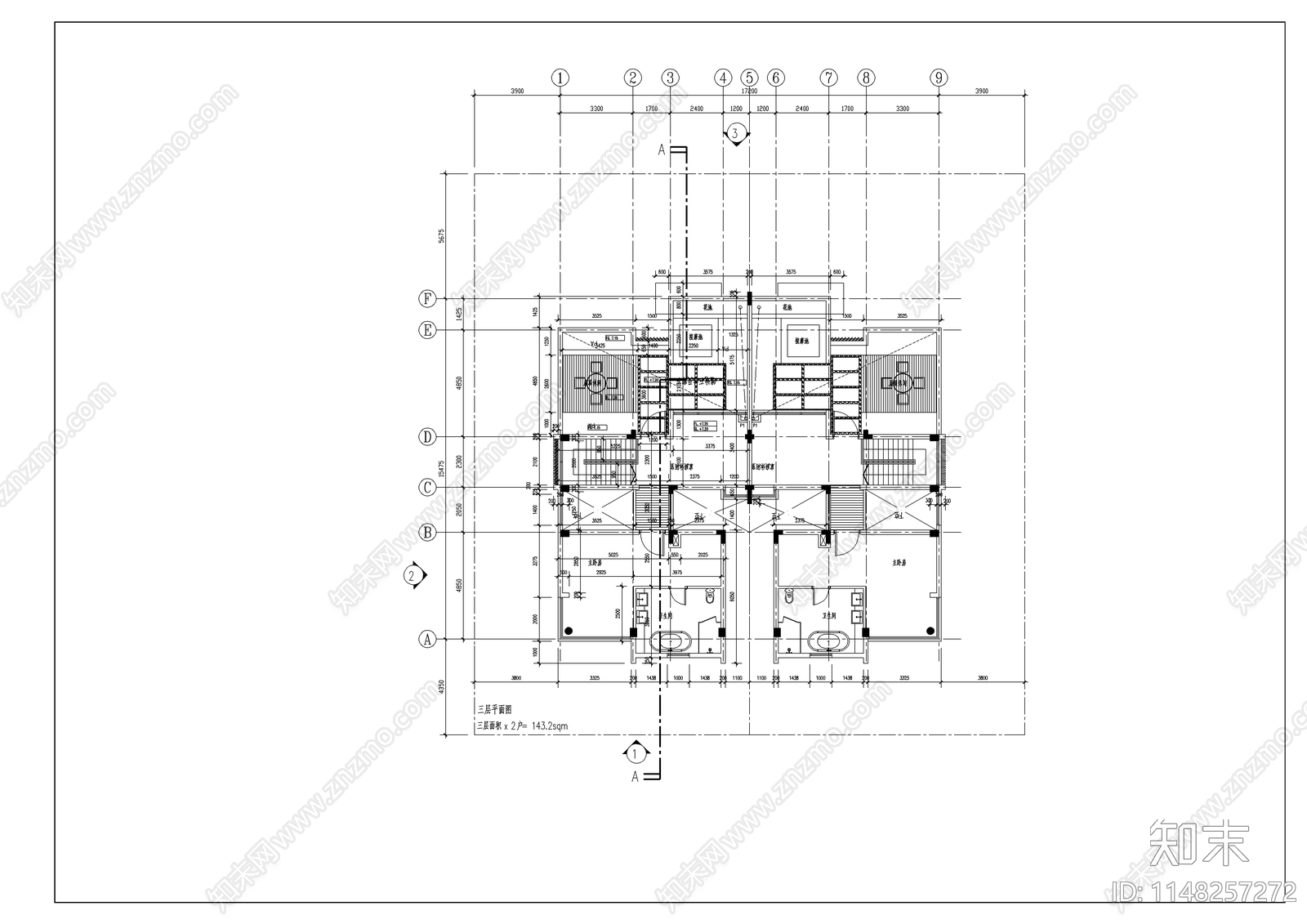 双拼豪华别墅建筑cad施工图下载【ID:1148257272】