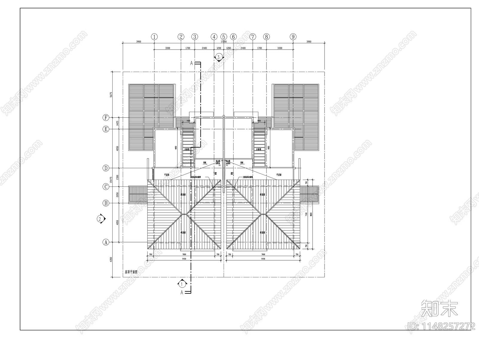 双拼豪华别墅建筑cad施工图下载【ID:1148257272】