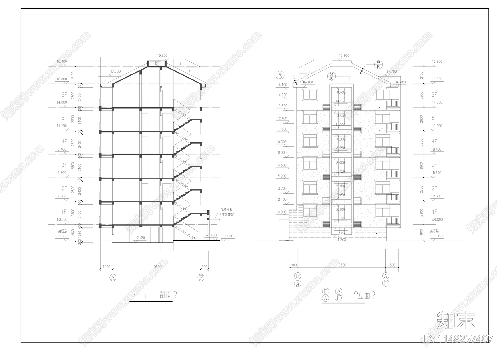 六层住宅楼建筑cad施工图下载【ID:1148257407】