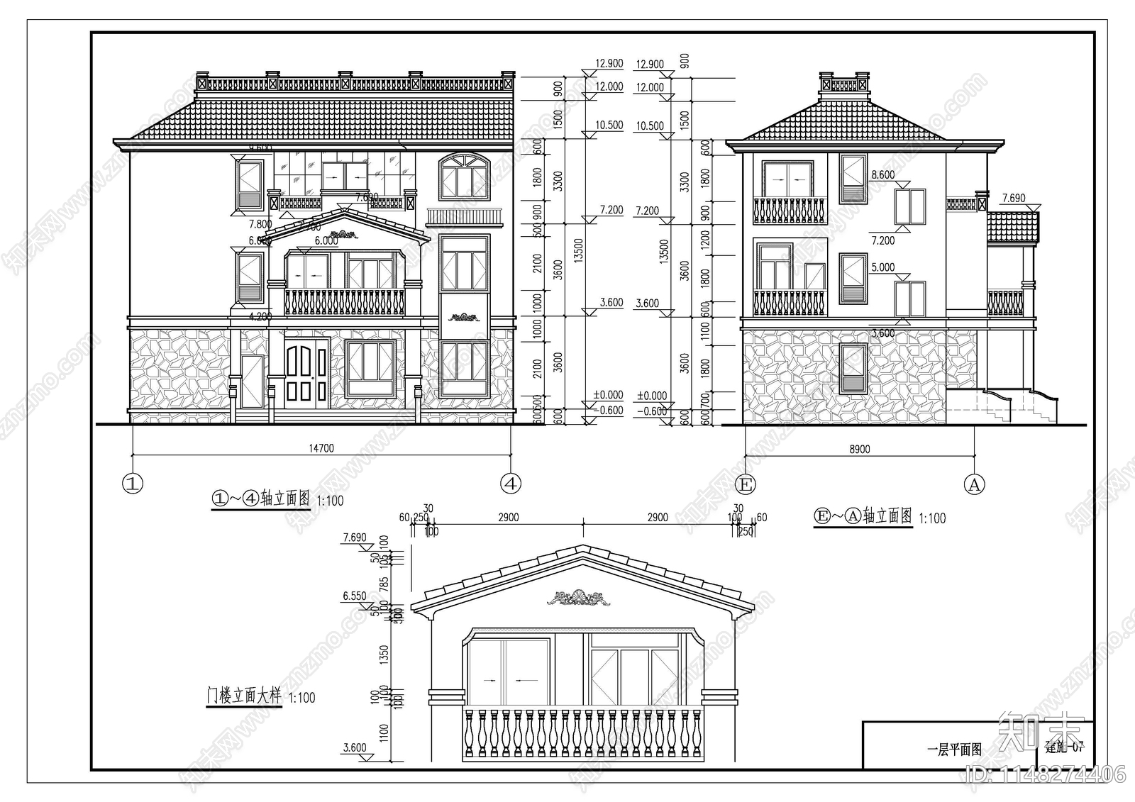 碧桂园风格三层别墅建筑cad施工图下载【ID:1148274406】