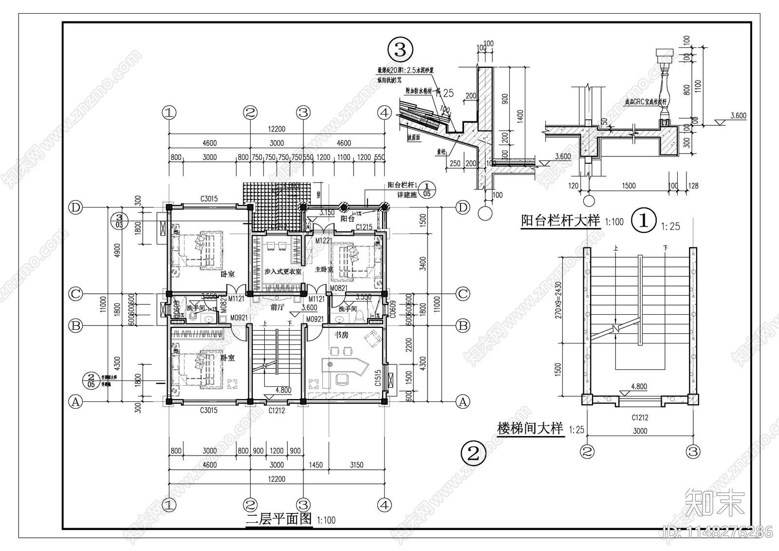 三层欧式自建房带露台cad施工图下载【ID:1148276286】